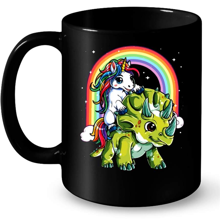 Unicorn Riding Dinosaur Rainbow Funny Green Dinosaur B – Full-Wrap Coffee Black Mug