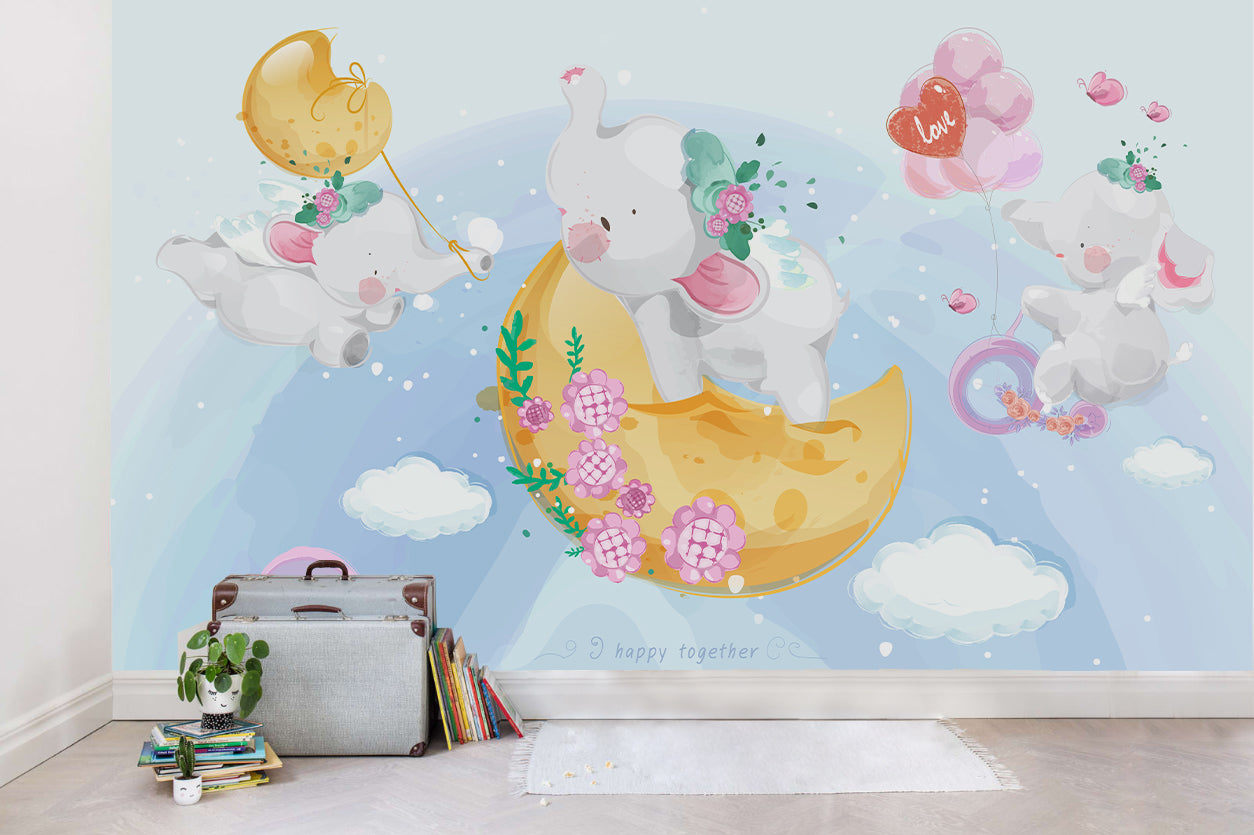 3D Moon Elephant Floral Wall Mural Wallpaper  Sww 21