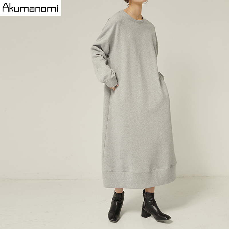 autumn spring plus size maxi dresses for women 2020 xxxl 4xl 5xl 6xl 7xl gray o neck long sleeve Casual fall dress with pockets alx