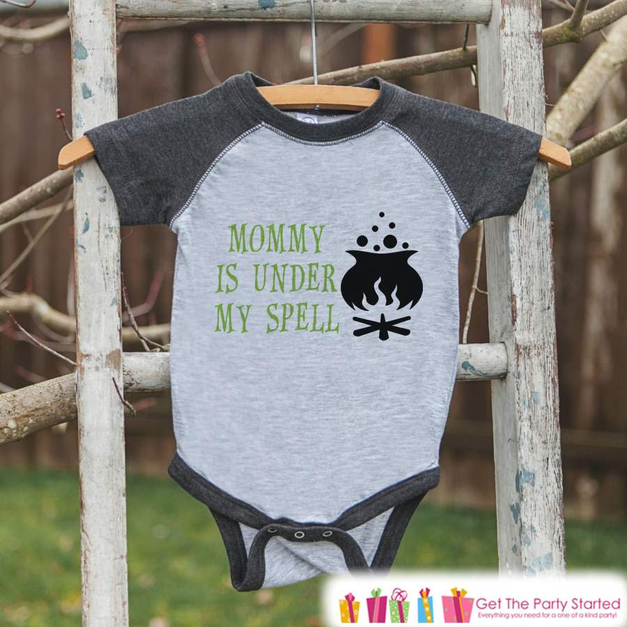 Kids Halloween Outfit - Kids Funny Halloween Shirt - Mommy Is Under My Spell Grey Raglan Tshirt or Onepiece - Baby's 1st Halloween Costume