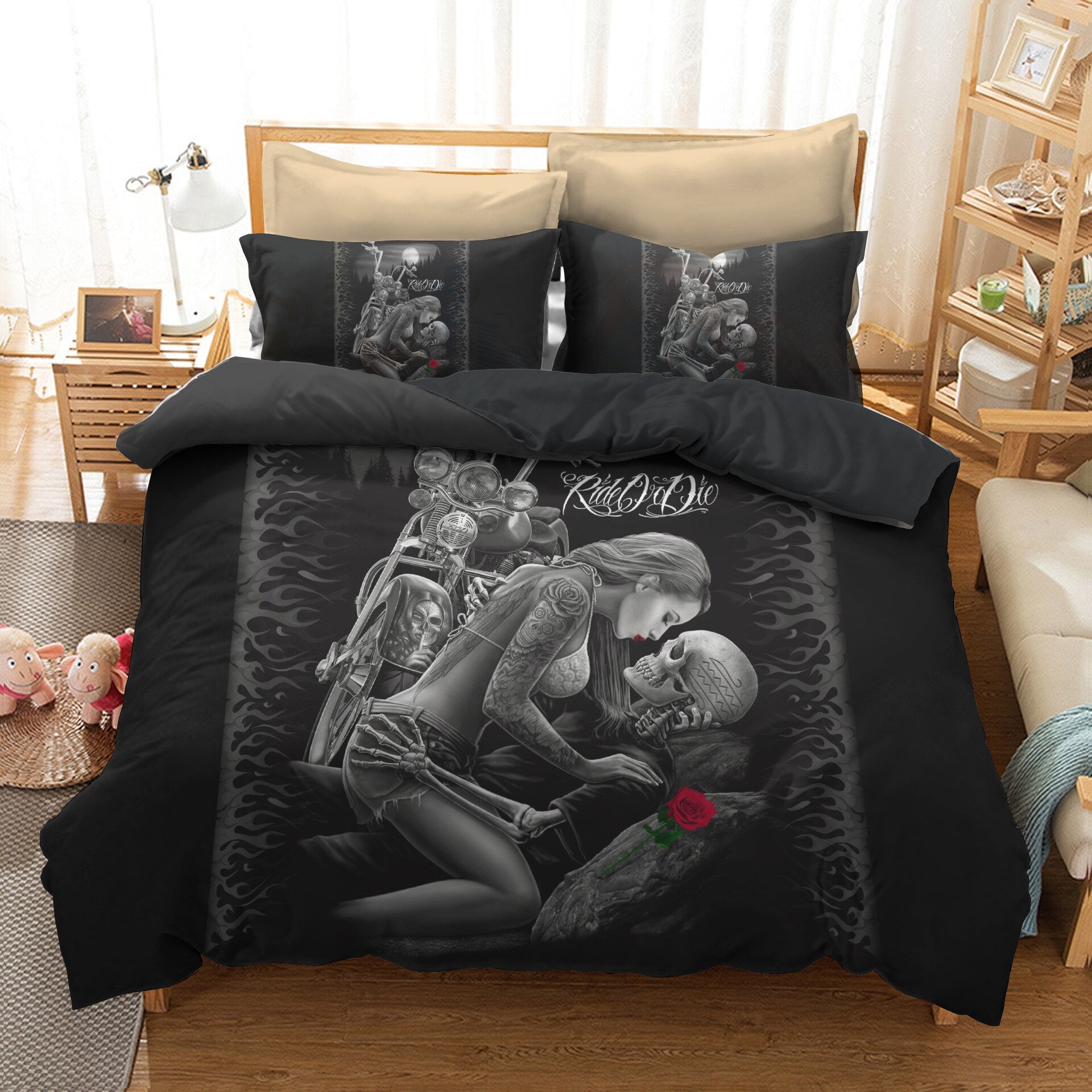 New 3D Black Motorcycle Kiss Sugar Skull Printed Duvet Cover
