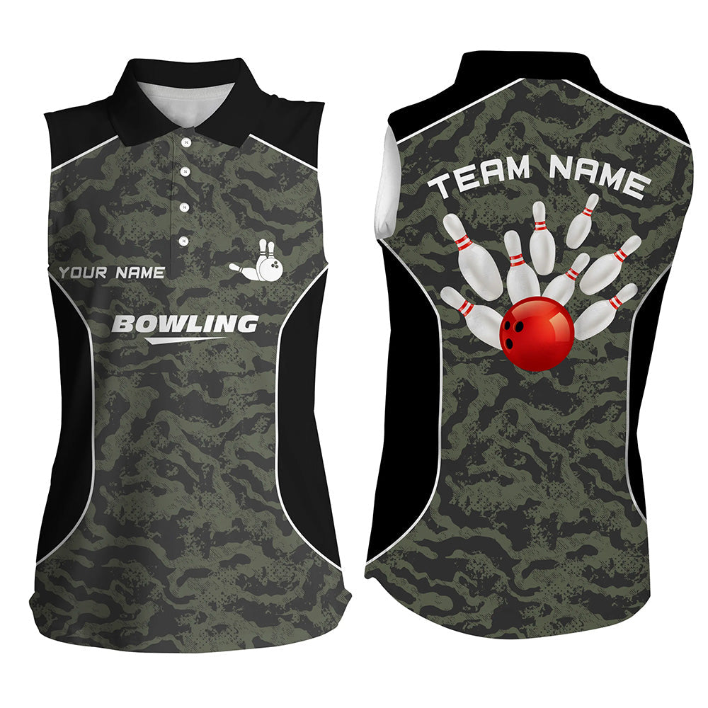 Women Bowling Sleeveless Polo Shirts Custom Bowling Ball And Pins Camo Bowling Team Jersey For Women