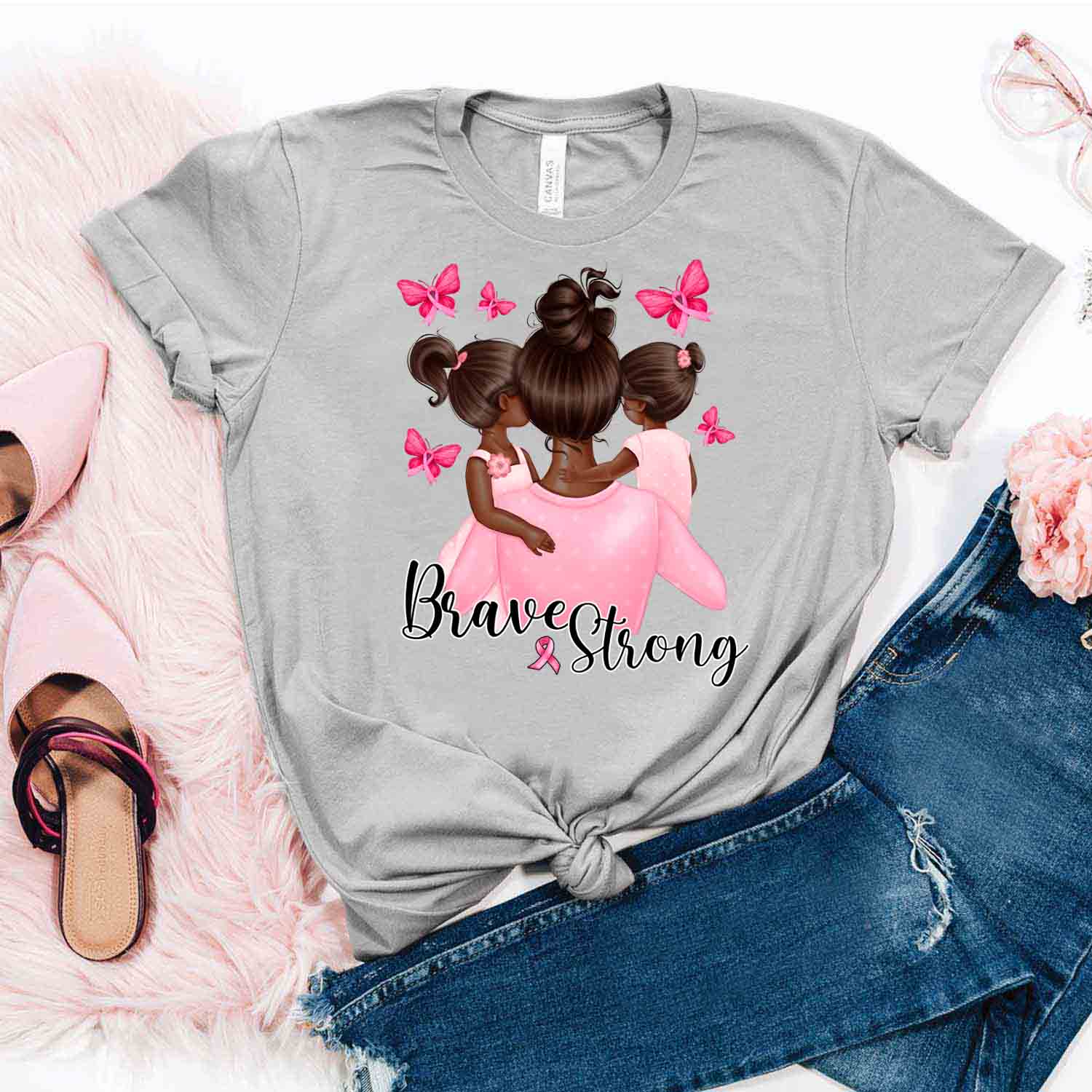 Strong And Brave With Mom Daughter Shirt – Breast Cancer Awareness T-Shirt Christmas Gifts For Mom Daughter Friends Hoodies Sweater Pink
