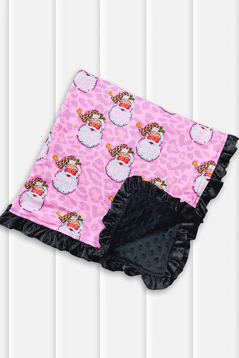 Soft Minky Leopard Santa Christmas Printed Baby Blanket With Ruffle Hem