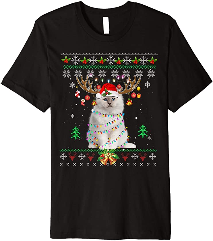 Ugly Christmas Reindeer Cat Santa Hat Scarf Holiday Cute Premium T-Shirt