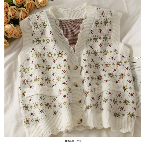 Vintage Print Sweater Vest Women Korean Style V-Neck Sleeveless Knitted Cardigan Loose Outwear Female Waistcoat Casual Tank Top alx