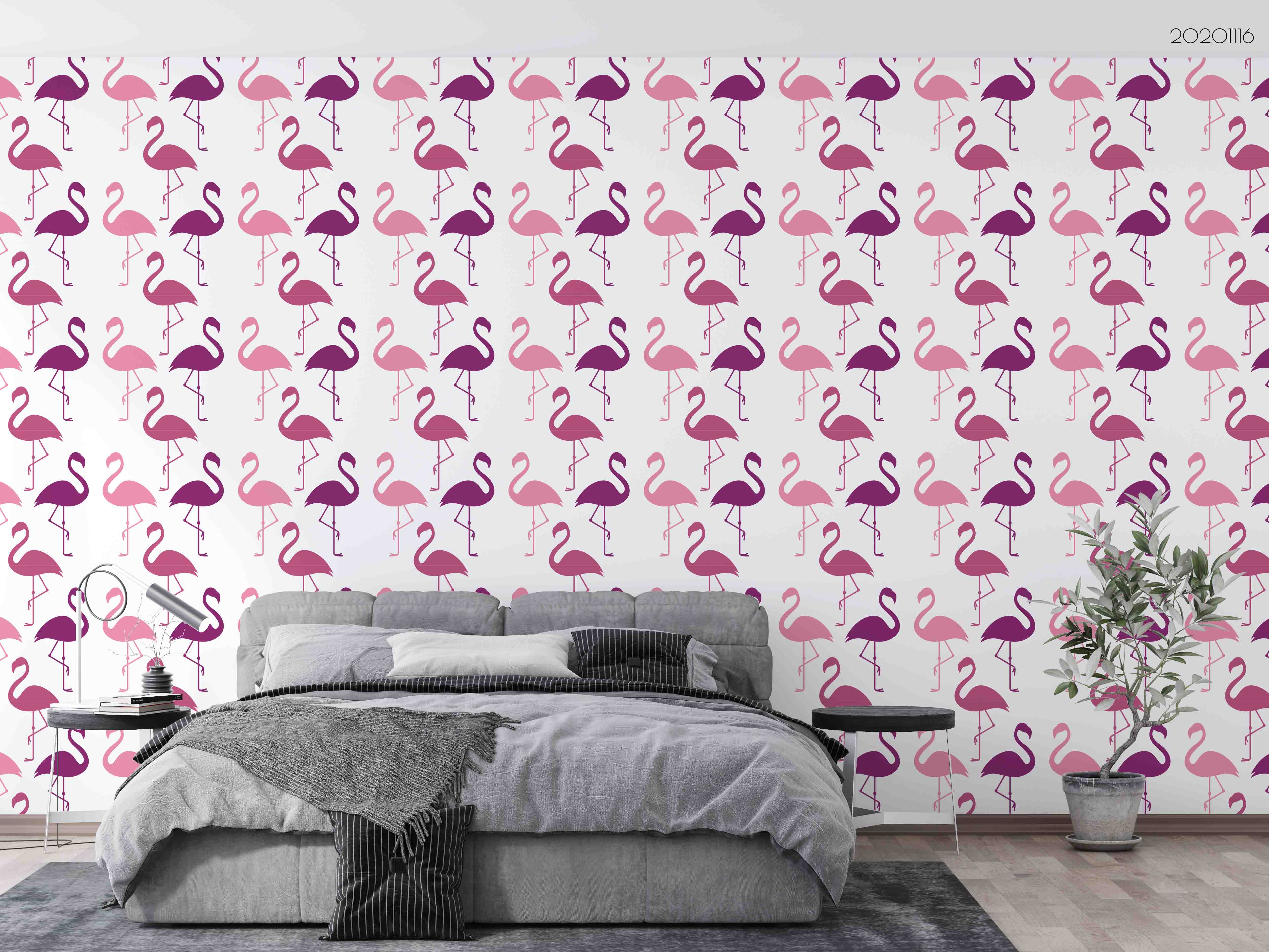 3D Hand Drawn Pink Flamingo Animal Pattern Wall Mural Wallpaper Lxl