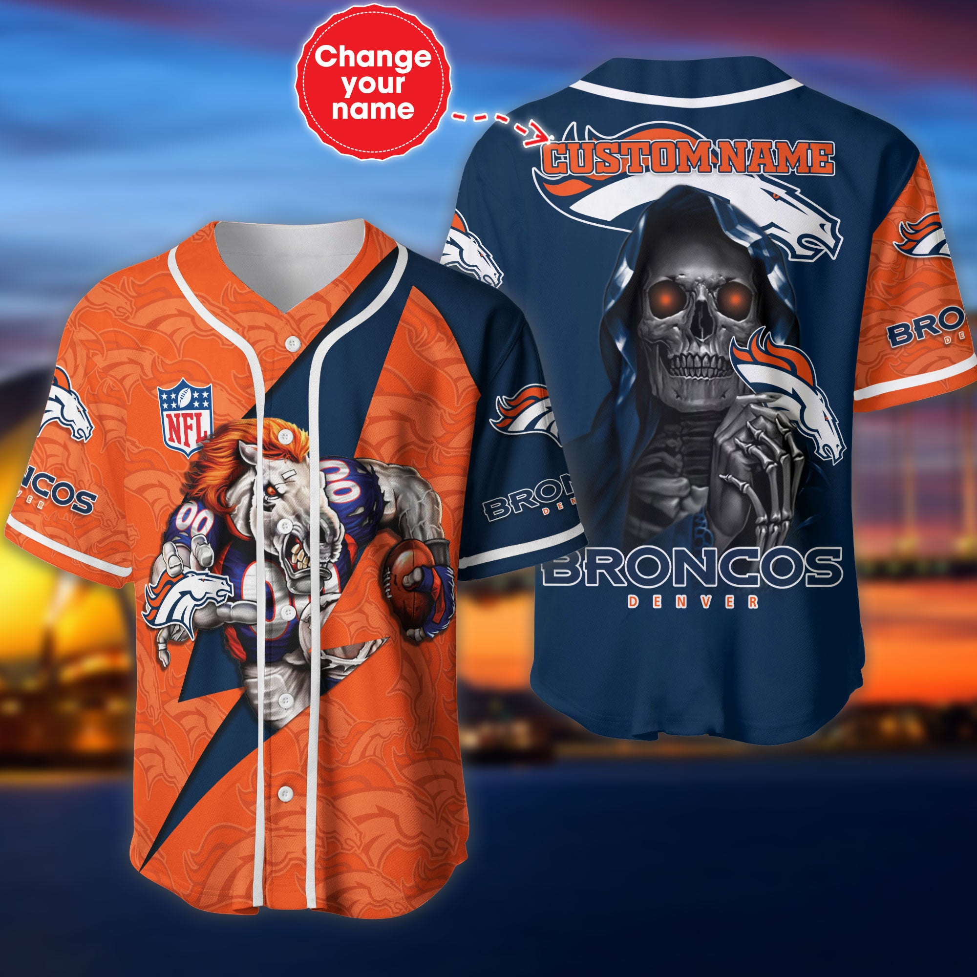 Denver Broncos Baseball Jersey Skull Custom Name