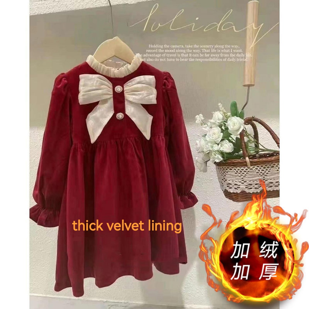 2021 Girls Golden Velvet Dress Fashion Big Bow Kids Girl Birthday Elegant Dresses Cute Baby children Clothes Vestidos 4-14T alx