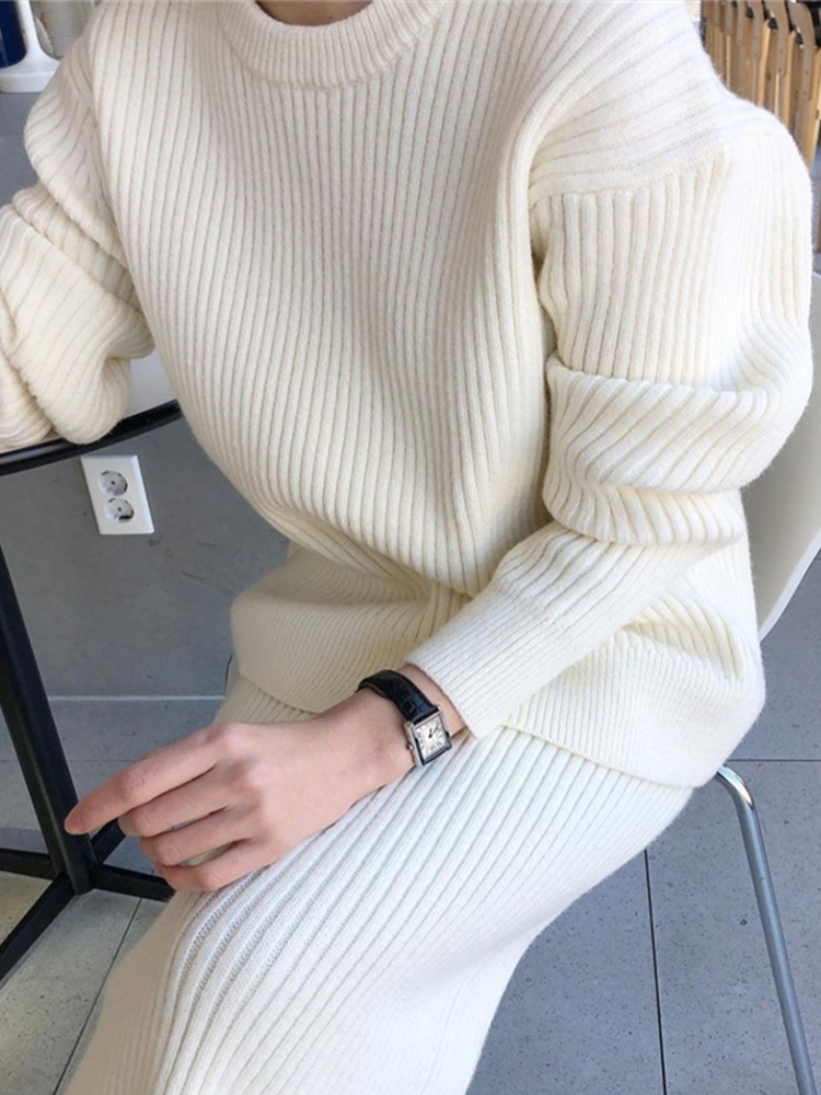 Chic White Knitted Dress Sets Woman Loose O-neck Sweater and High Waist Skirts Female Korean Autumn Winter Elegant 2 Piece Sets alx