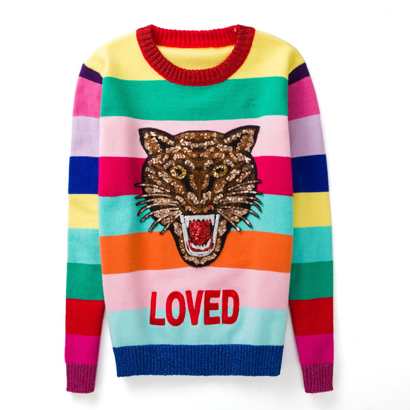 2022 Luxury Oversized Sweaters Women Rabbit Fur Cat Pullover Cartoon Tiger Embroidery Letter Knitted Sweater Rainbow Striped alx