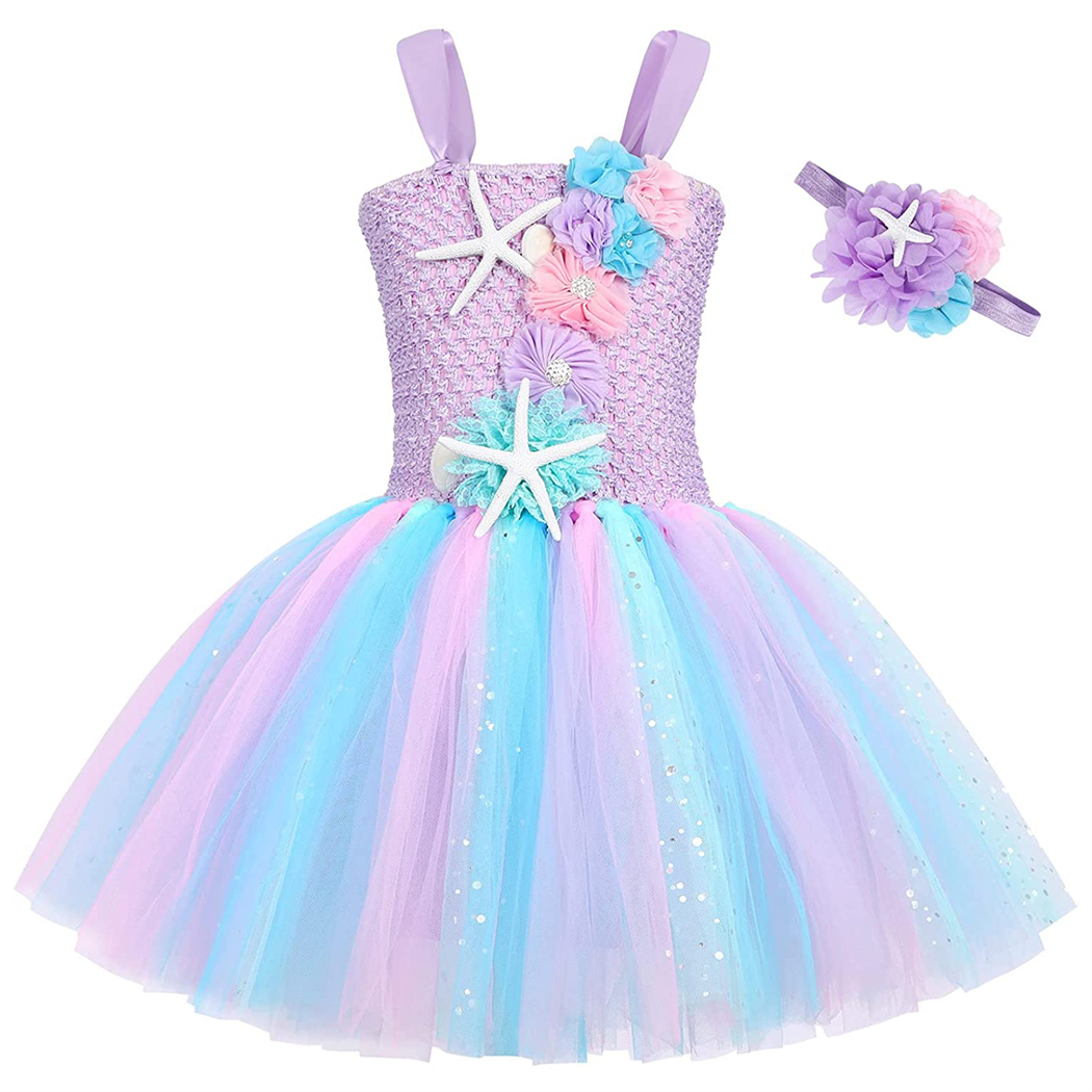 Toddler Girl Summer Sling Dress Mermaid Tulle Tutu Dress Girls Mermaid Birthday Princess Dress Kids Halloween Costume Outfits alx