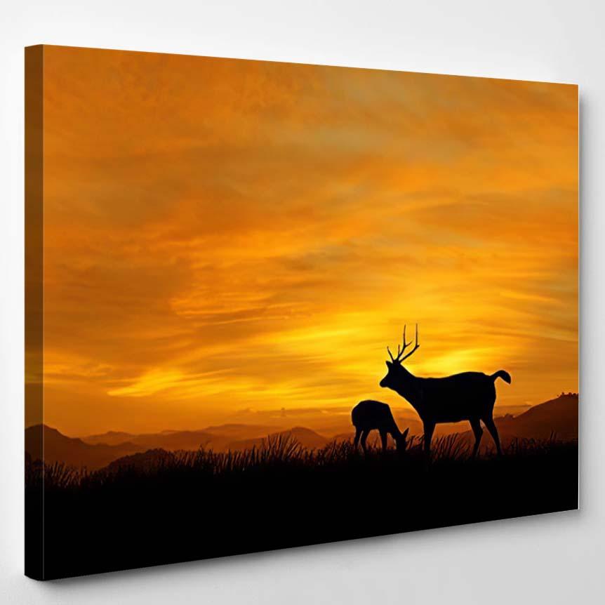 Silhouette Father Baby Deer Enjoy Memorial – Deer Animals Canvas Print