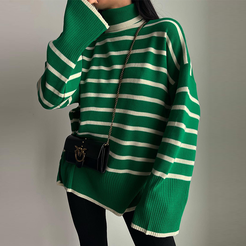 Striped Split Turtleneck Cashmere Women Sweater Fashion Oversized Flare Sleeve Knitted Pullover 2022 Winter Female Knitwear Top alx