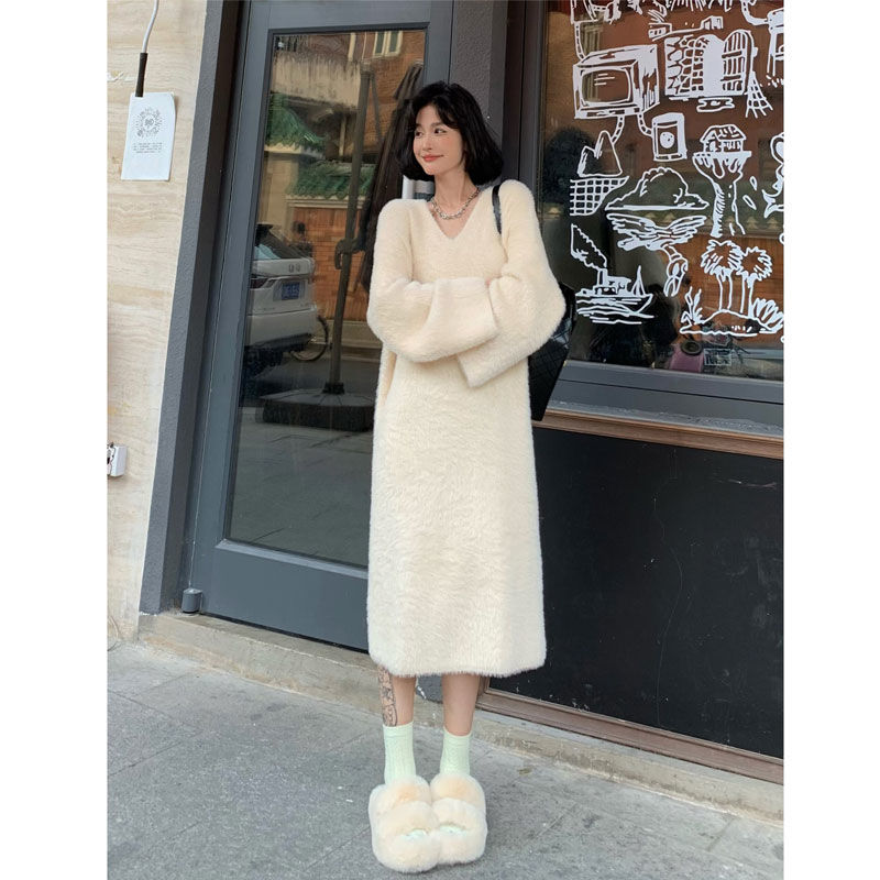 Autumn and winter wear mink sweater pullover female 2022 Korean long sleeve casual solid loose v neck sweater pullover female alx