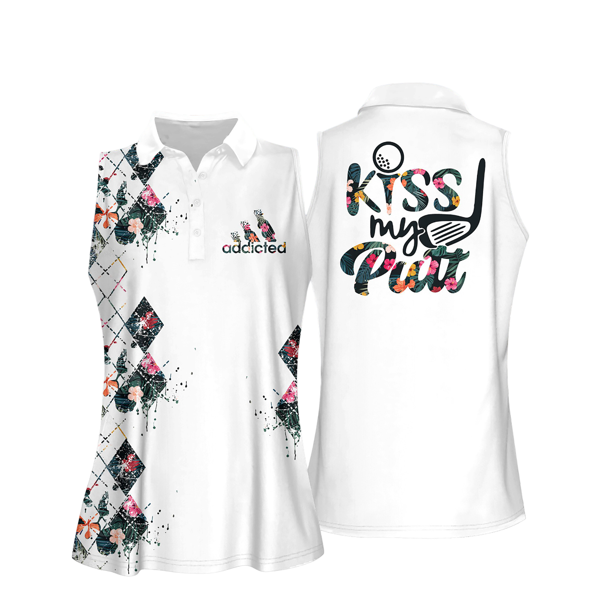 Tropical Flower Argyle Style Kiss My Putt Women Short Sleeve Polo Shirt, Sleeveless Golf Polo Shirt