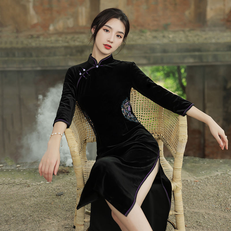 Black Cheongsam Dress Velvet Women Vintage Cheongsam Autumn Young Modern Qipao Winter Dresses Sexy Wedding Party Lady Vestidos alx