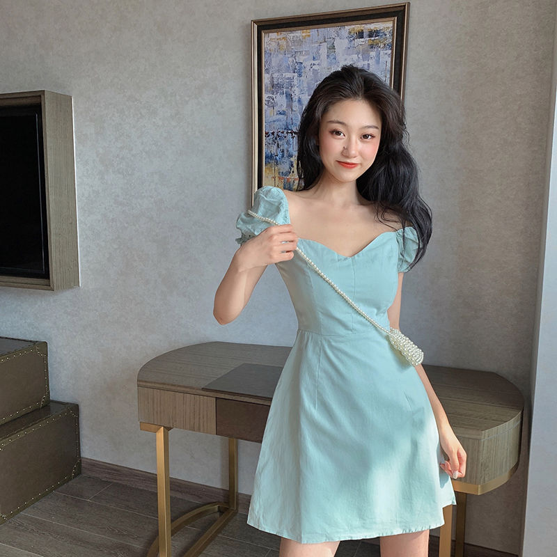 Women Short Sleeve Dress Solid Elegant Simple Square Collar Female Slim Fit Korean Style Chic Trendy Tender Ruffles Streetwear alx