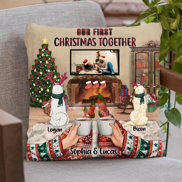 Custom Personalized Xmas Couple Custom Photo Pillow Cover & Quilt/ Fleece Blanket – Couple With Upto 4 Pets – Christmas Gift Idea For Couple – Our First Christmas Together