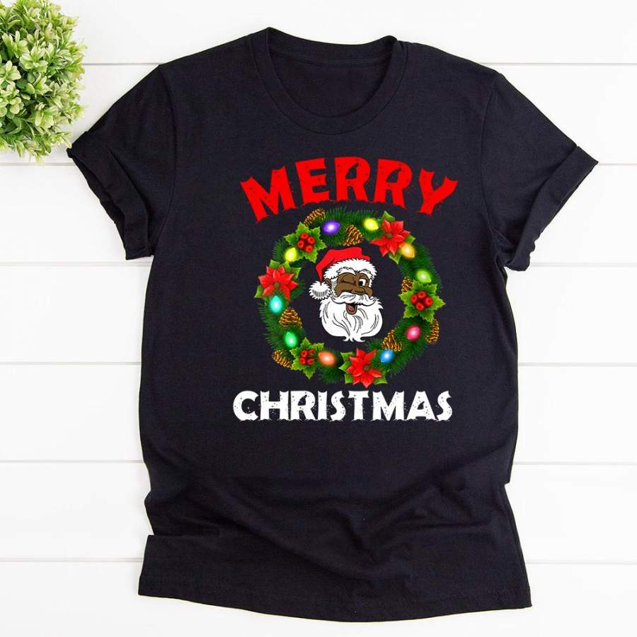 Womens black family merry christmas wreath african american santa black cotton t shirt for men and women S-6XL