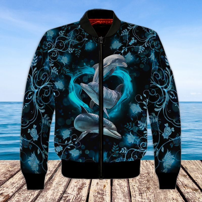 Blue Dolphin Black Ocean Trending 3D Full Print Bomber