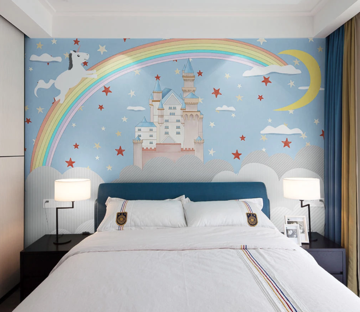 3D Blue Cartoon Castle Moon Star Rainbow Unicorn Wall Mural Wallpaper Sf200