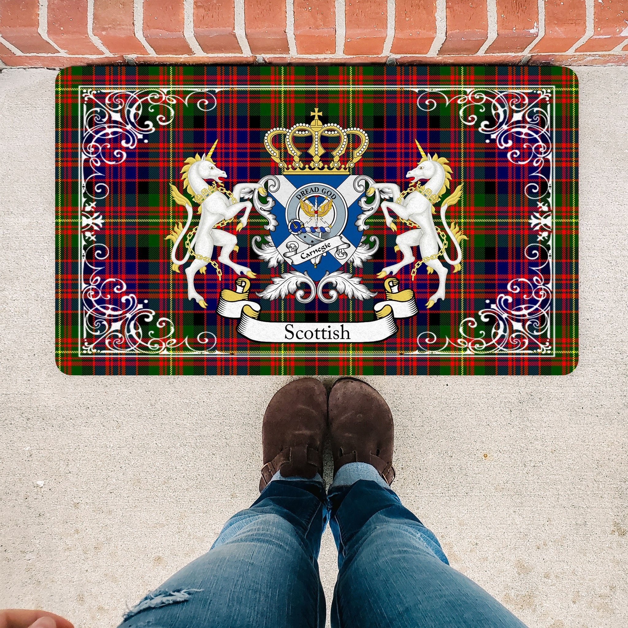 Scotstee Shop Tartan Door Mat Carnegie Modern Clan Badge Tartan Scottish Plaid Doormat, Christmas Door Mat