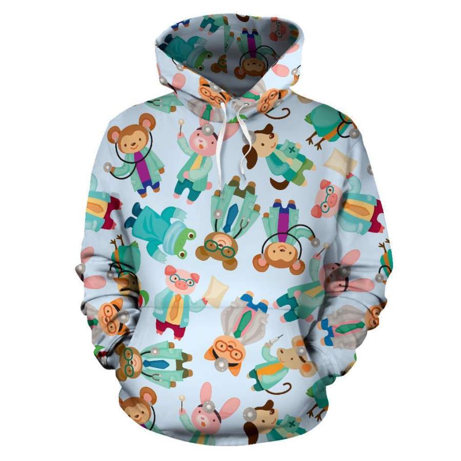 Animal Nurse Pattern Print Women Men Pullover Hoodie