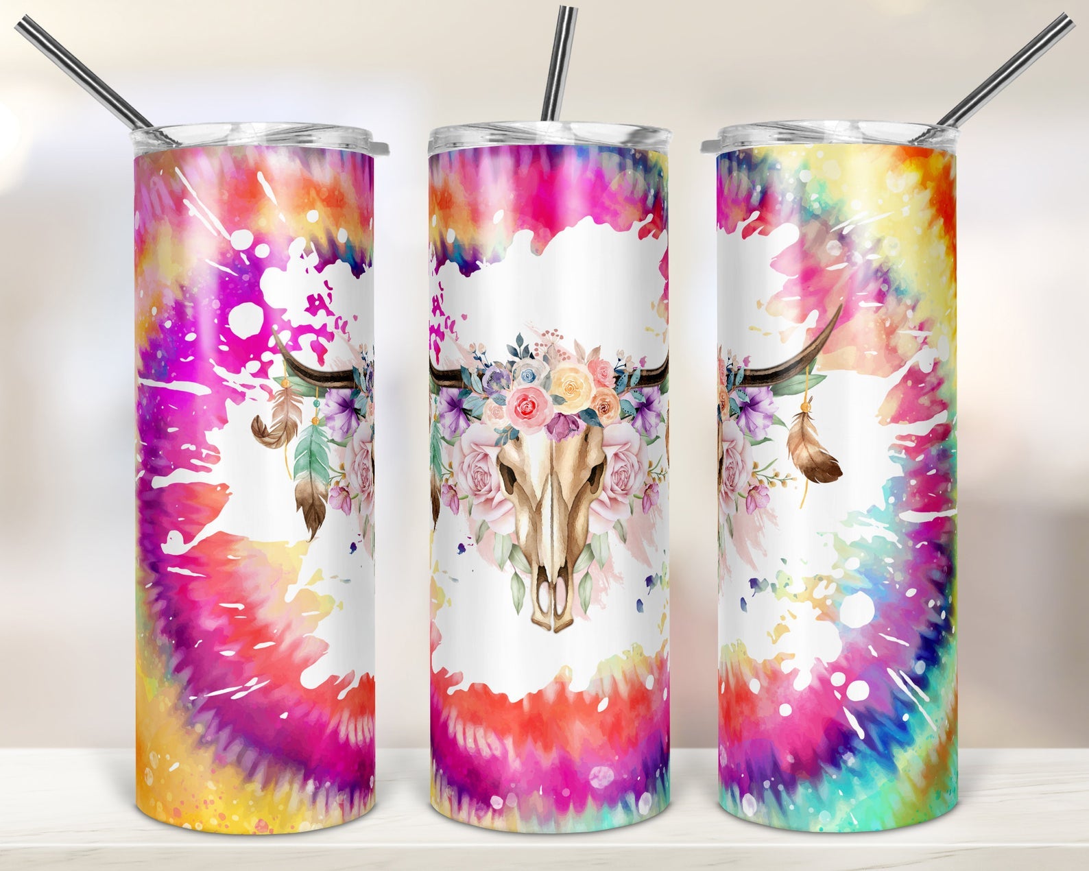 Tie Dye Bull Skull Floral Tumbler 20Oz Skinny Tumbler