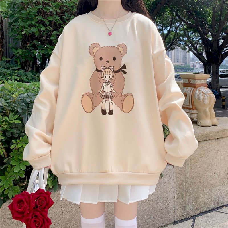 2022 Autumn And Winter New Sweater Female Students Korean Version Of Loose Japanese Cute Pullover Sweater Print Bear Comic Girl alx