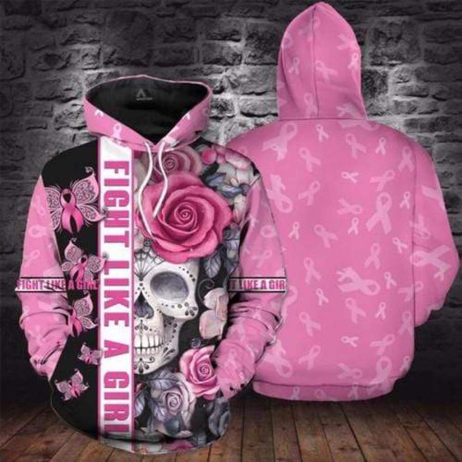 Fight Like A Girl Skull Floral Pink Hoodie 3D All Over Print