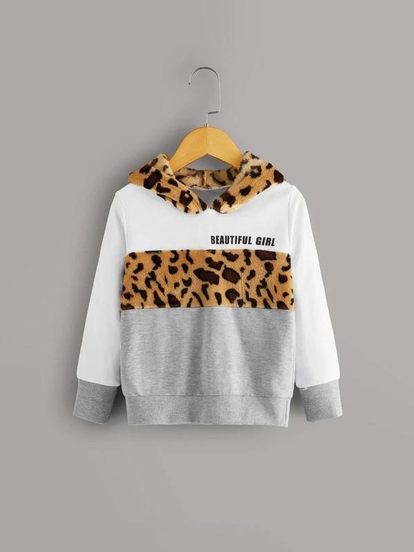 Toddler Girls Contrast Shearling Leopard Pattern Hoodie