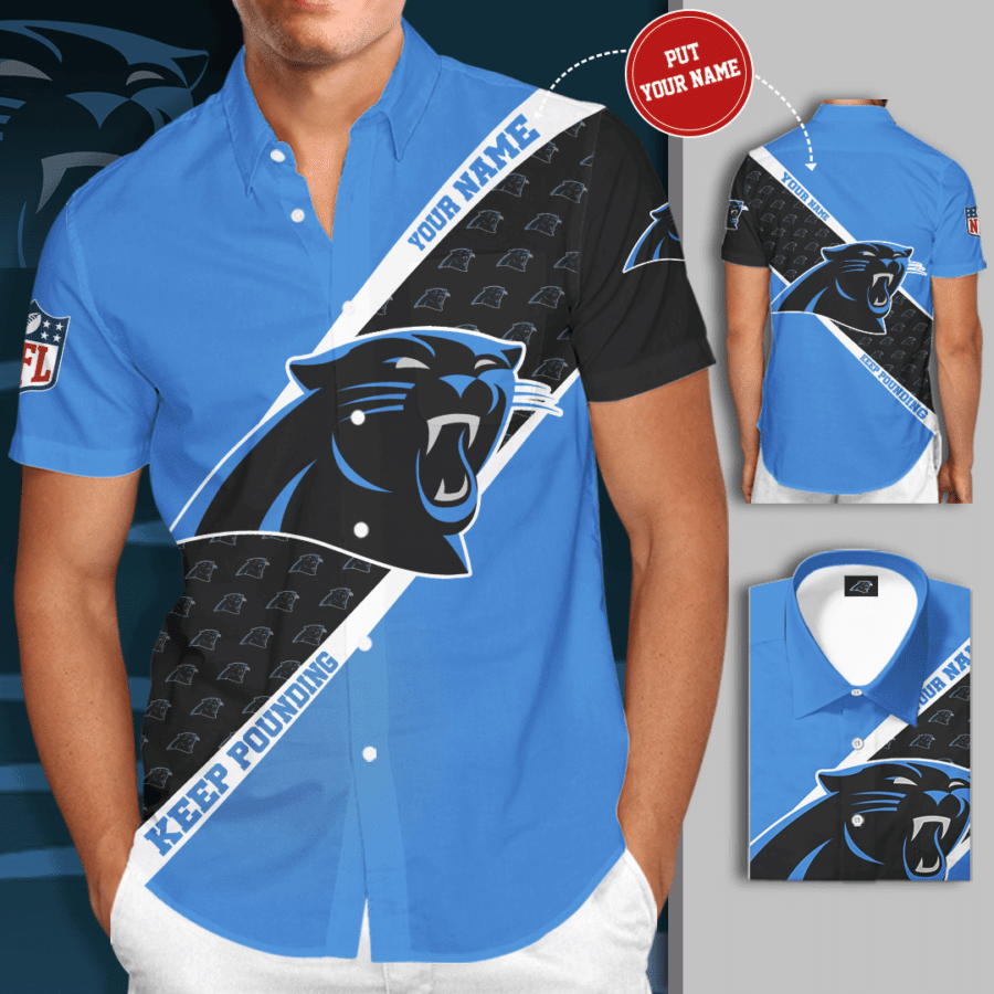 Personalized Carolina Panthers All Over Print 3D Short Sleeve Dress Shirt Hawaiian Summer Aloha Beach Shirt – Light Blue Black-Tph