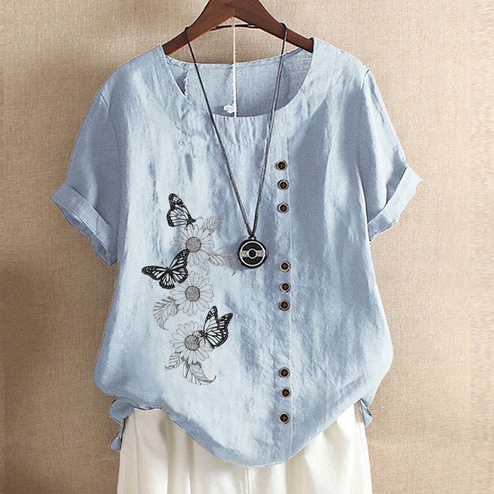 Women’S Loose Vintage Linen Cotton Butterfly Print Plus Size T-Shirt