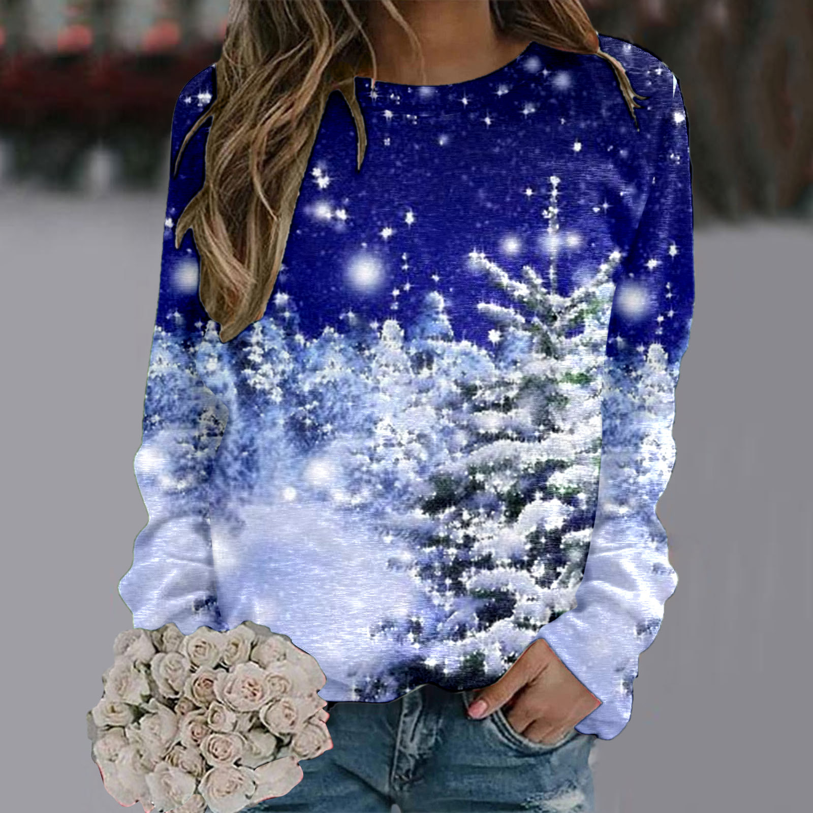 Women Autumn And Winter Round Neck Colorful Christmas Tree Print Long Sleeve Pullover Sweater Corded Sweatshirt alx