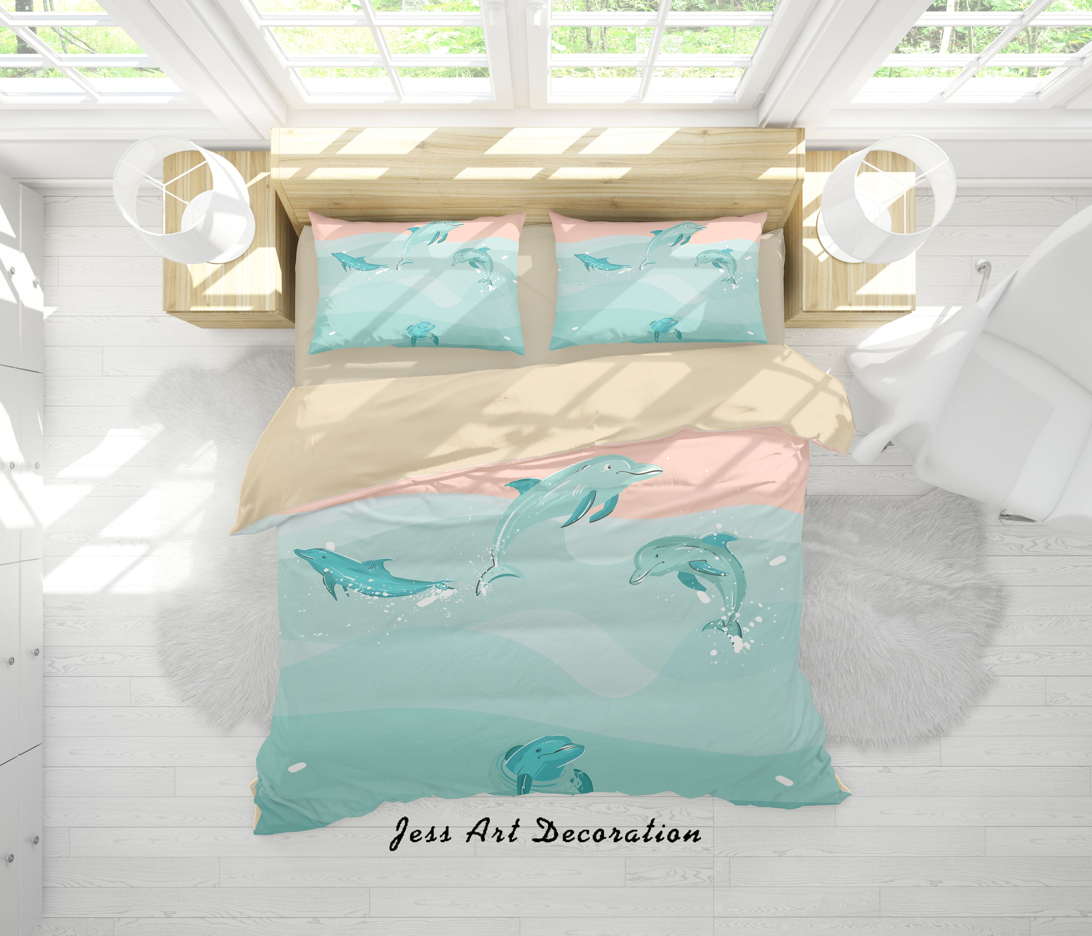 3D Cartoon Dolphin Green Quilt Cover Set Bedding Set Duvet Cover Pillowcases A318 Lqh