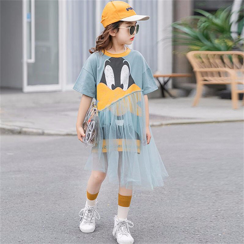 3-16 Years Teens Kids Mesh Dresses for Girls Cartoon Print Dress Summer Children Cute Clothes alx