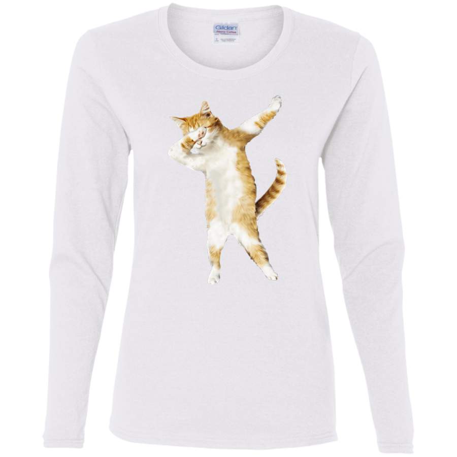 AGR Dabbing Cat Kitten Funny Dab Tee Cool Dance Kitty Ladies’ Cotton LS T-Shirt