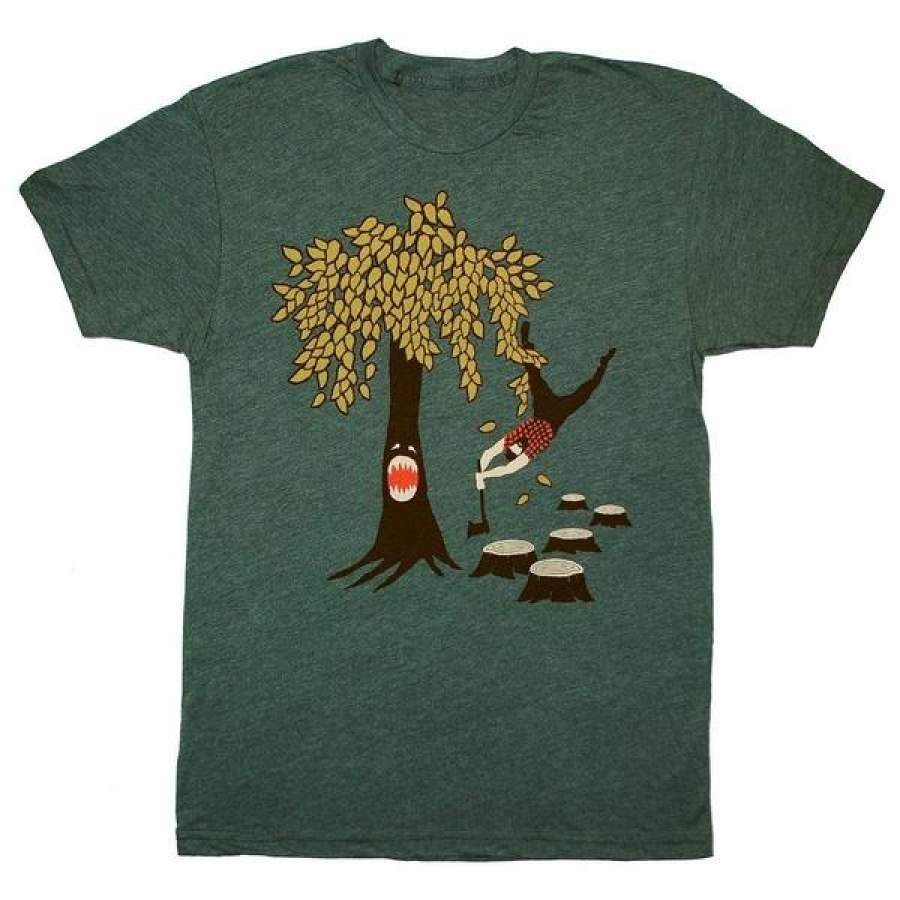 Tree vs Lumberjack Unisex Mens T-shirt Funny Humor Woodland Axe Plaid Nature Beard Tee Shirt Eco Forest Green GivingTree Tshirt