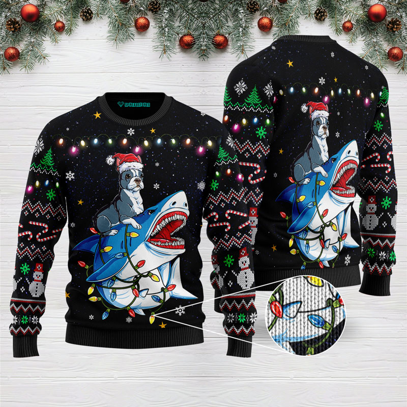 Shark Boston Terrier Ugly Christmas Sweater | Unisex | Full Size | Adult | Colorful | US3135