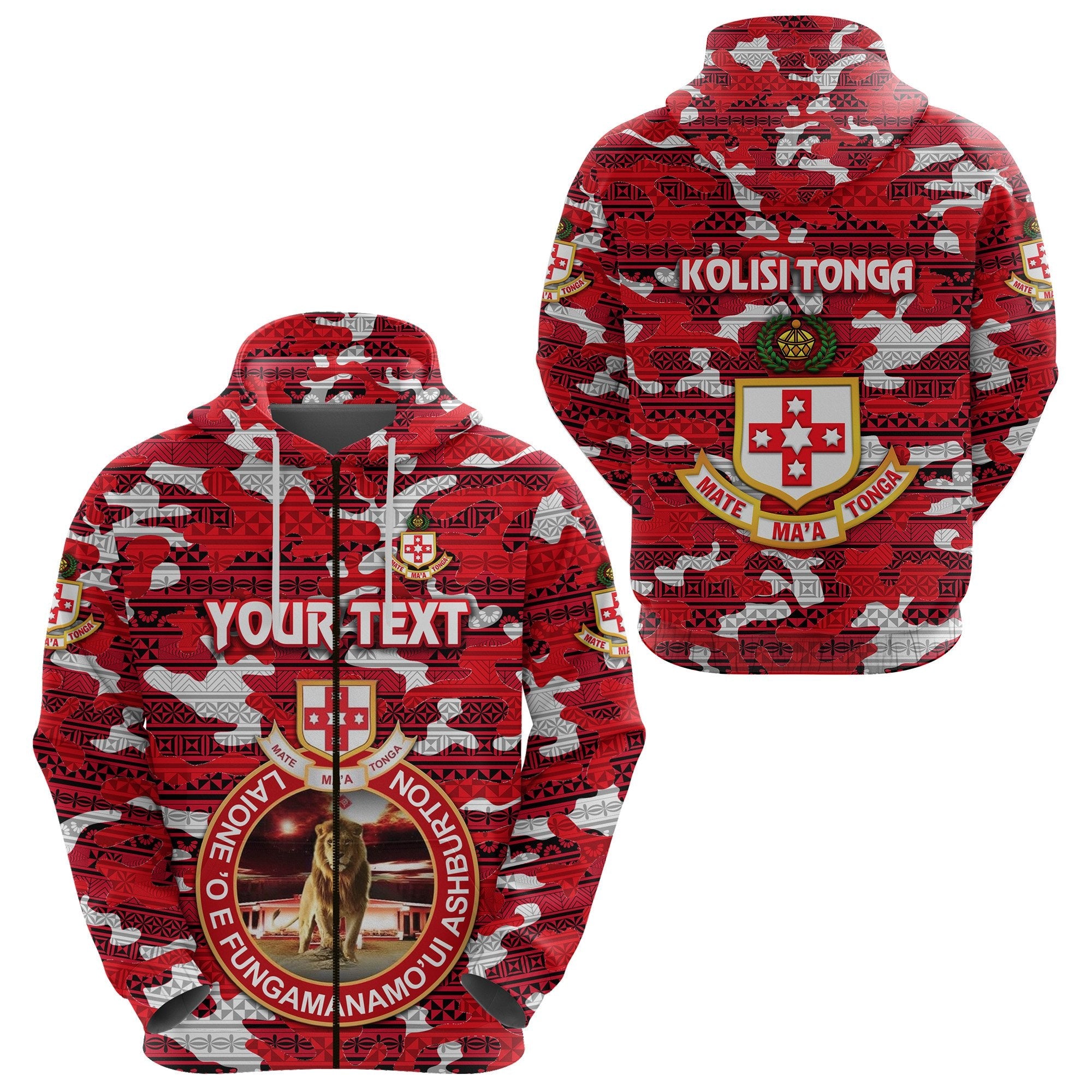 (Custom Personalised) Kolisi Tonga Zip Hoodie Mate Ma’A Tonga Camouflage Vibes Lion Ashburton