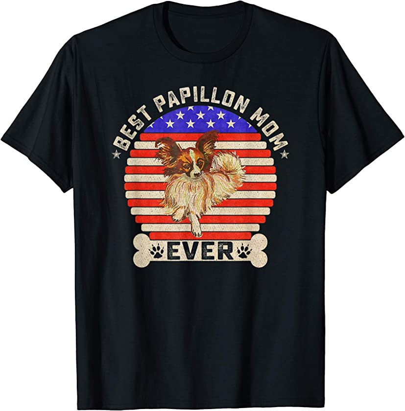 Vintage Retro USA Flag Best Papillon Dog Mom Ever Sunset T-Shirt