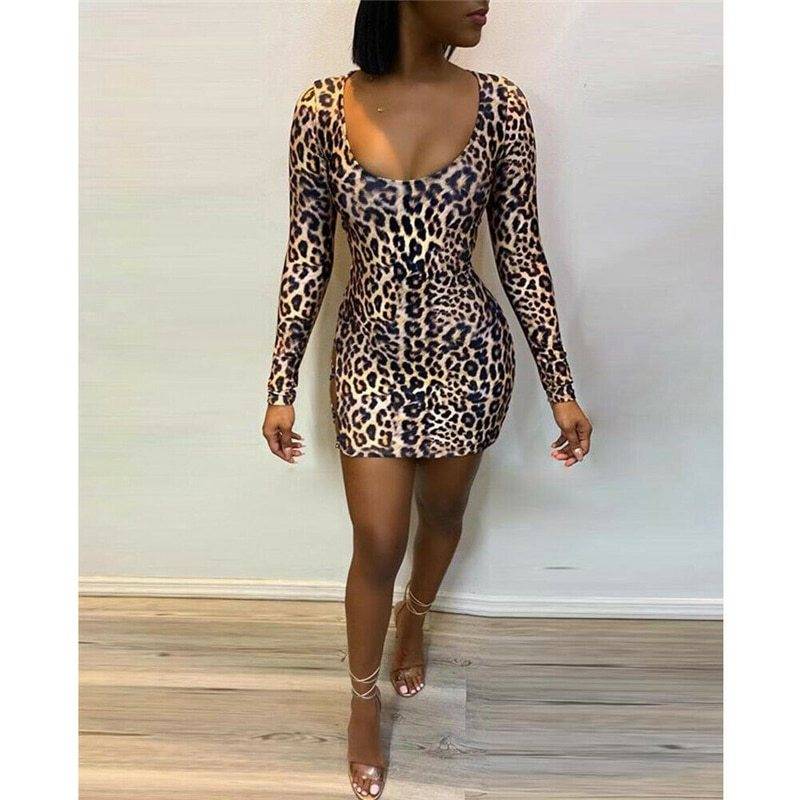 Casual Long Sleeve Slim Sexy Backless Leopard Dress