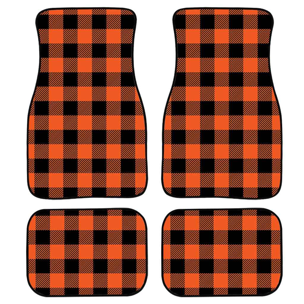 Pumpkin Orange Buffalo Check Print Front And Back Car Floor Mats, Front Car Mat