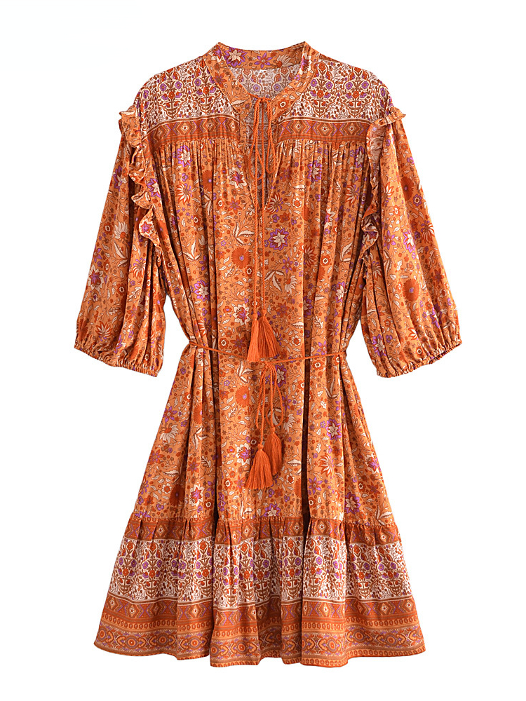 Vintage Chic Women Orange Floral Print Lantern Sleeve Tassel Beach Bohemian Mini Dresses Ladies V Neck Loose Rayon Boho Dress alx