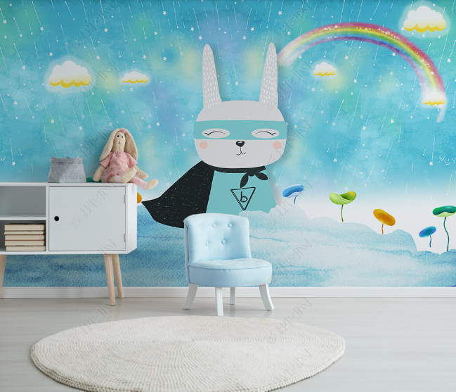 3D Cartoon Blue Sky Cloud Rainbow Rabbit Wall Mural Wallpaper Lqh 22