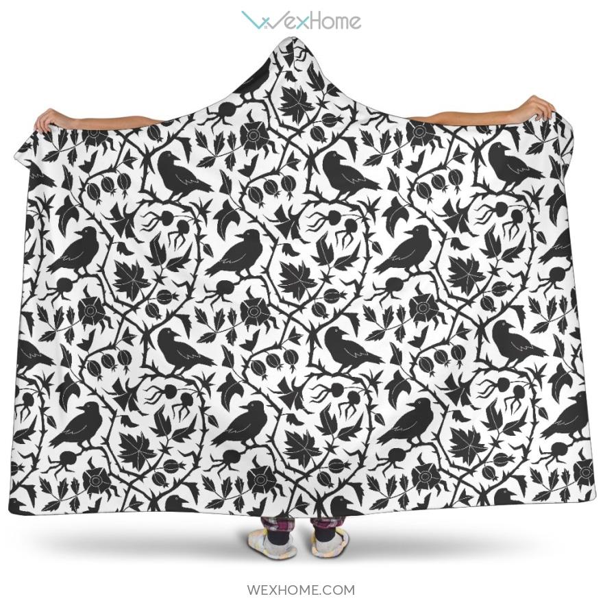 Crow Dark Floral Pattern Hooded Blanket