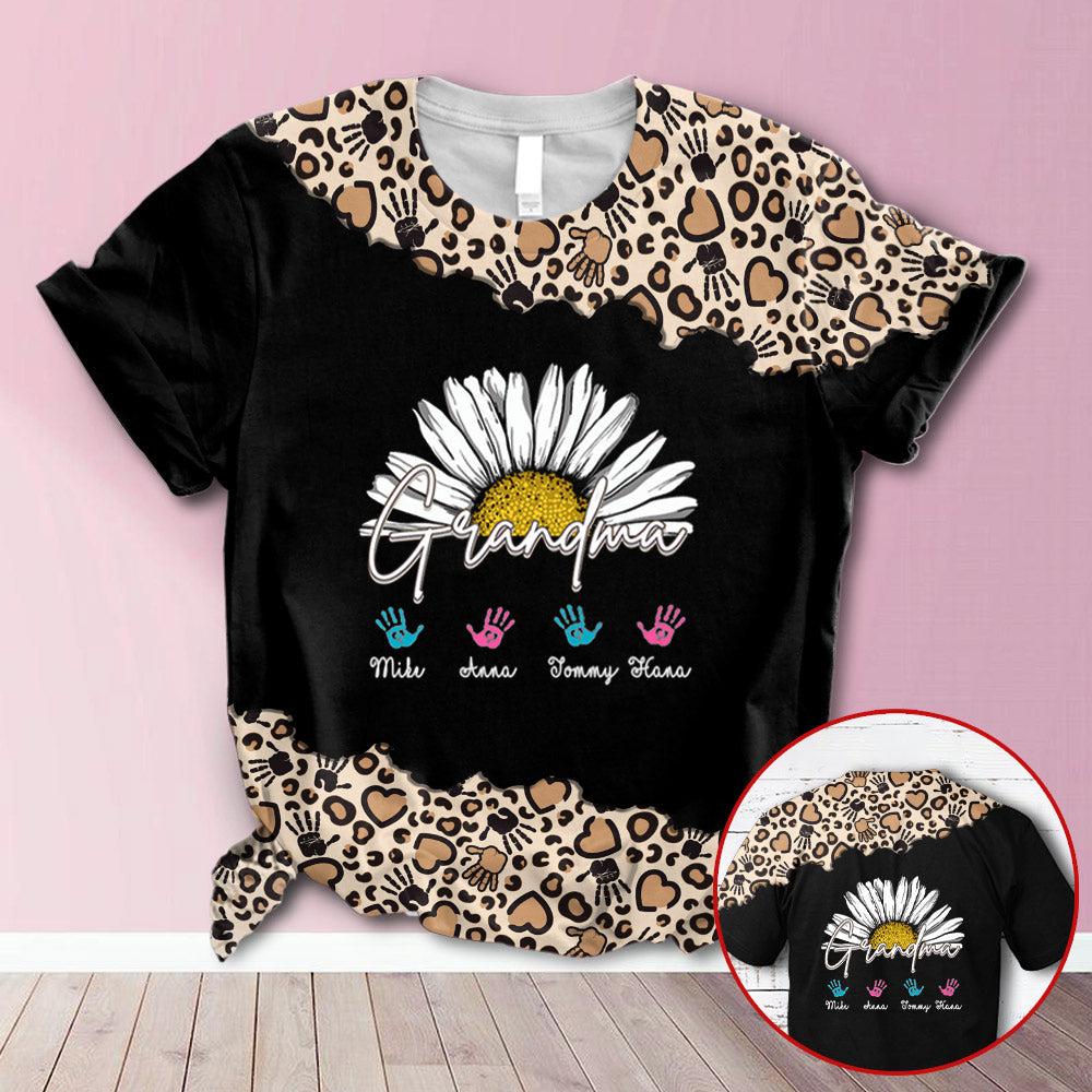 Personalized Daisy Grandma With Handprints Leopard All Over Print Shirts, 3D Shirt For Grandma Hn98 Phts