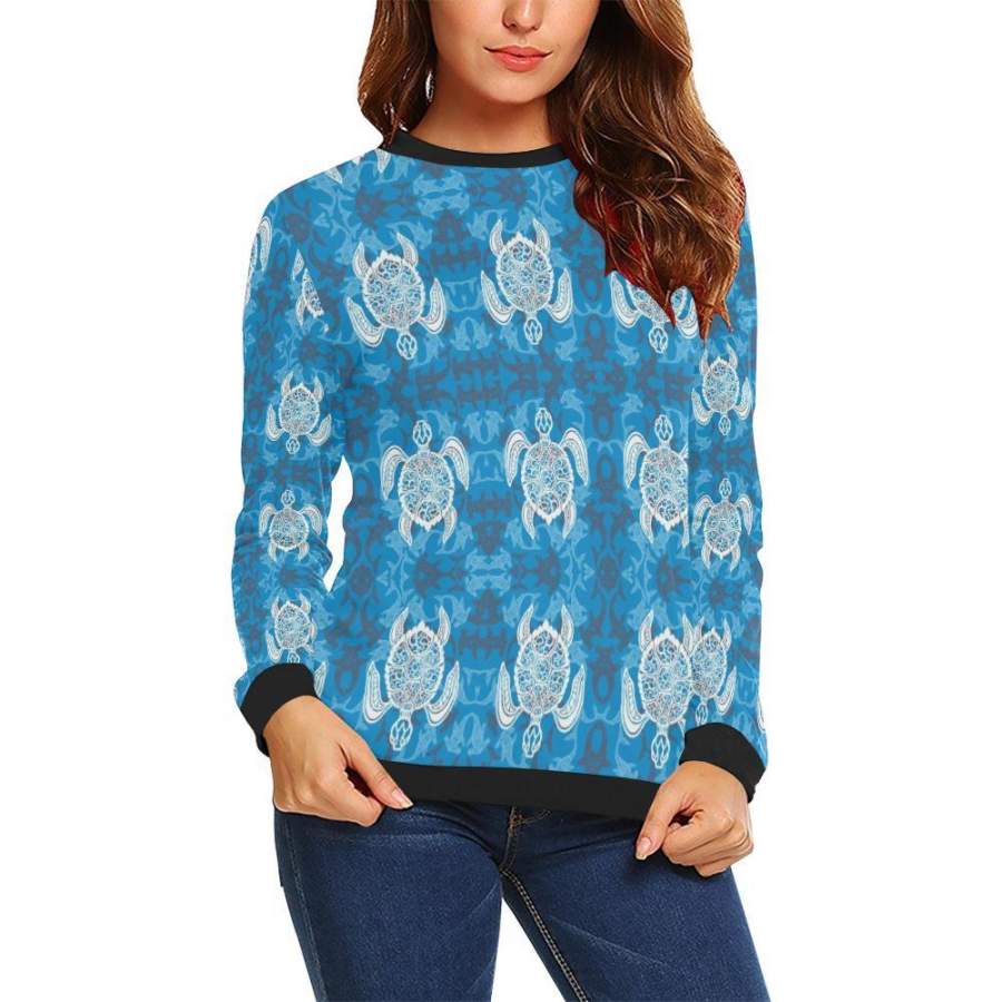 Blue Hawaiian Shark Sea Turtle Pattern Print Women Crewneck Sweatshirt