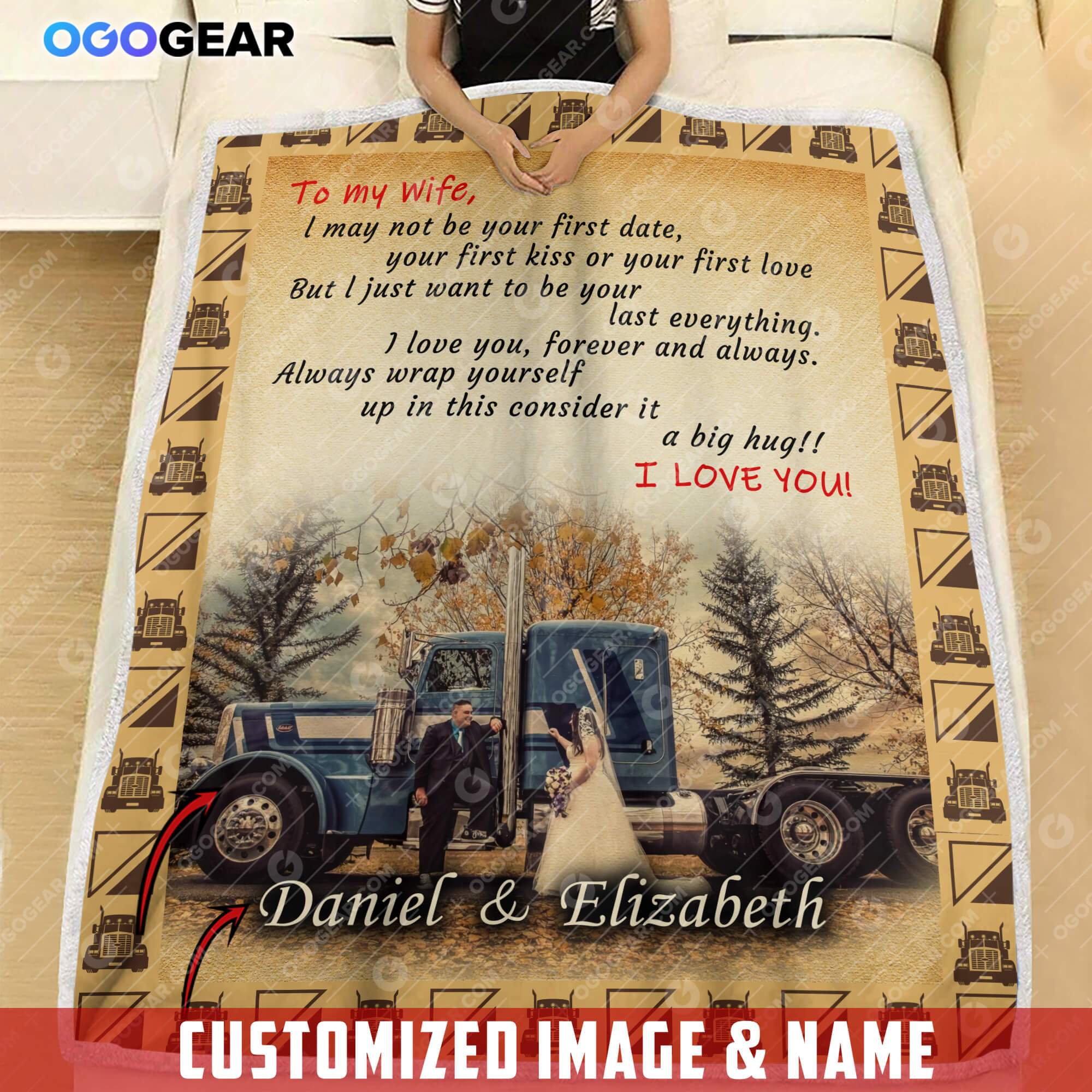 To My Wife Trucker Customized Name Image Blanket